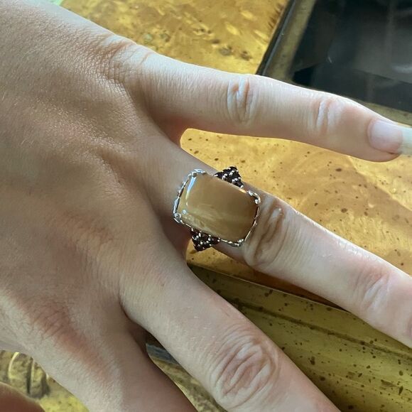 Natural Caramel Opal Red Garnet Sterling Silver Ring Size 6 - Picture 4 of 9